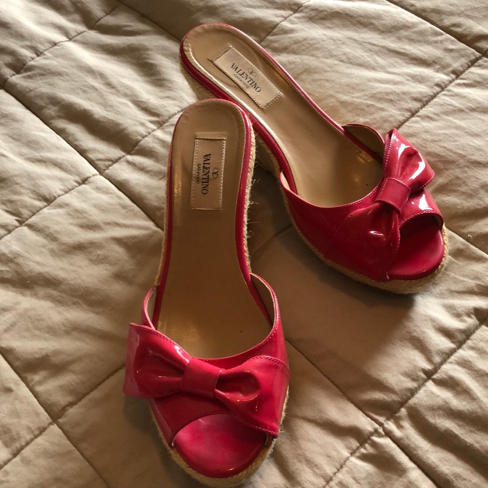 Valentino Garavani Pink Leather Bow Wedge Sandals